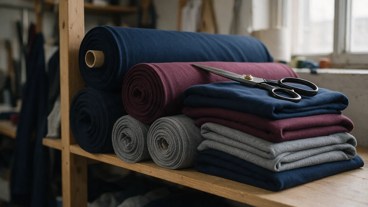 Rolls and folded lengths of navy, maroon and grey knitted polyester fabric on a workroom shelf beside tailor's shears.