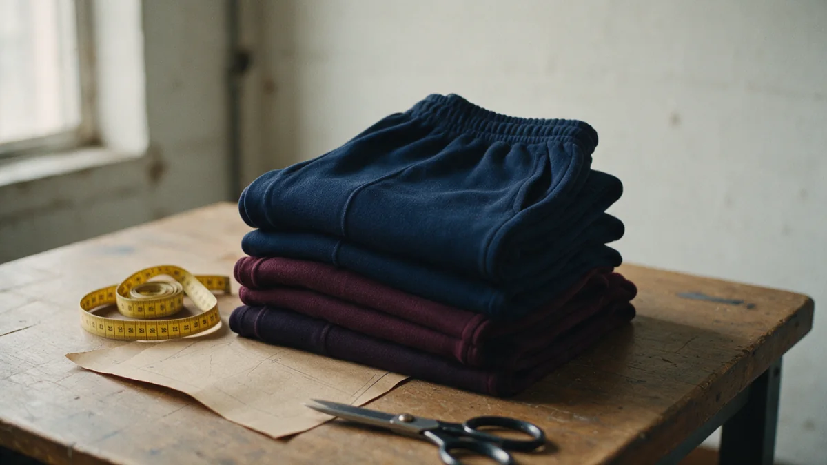 A row of folded navy and maroon knitted sports trousers stacked on a wooden table beside a measuring tape and a paper pattern in a daylit workroom.