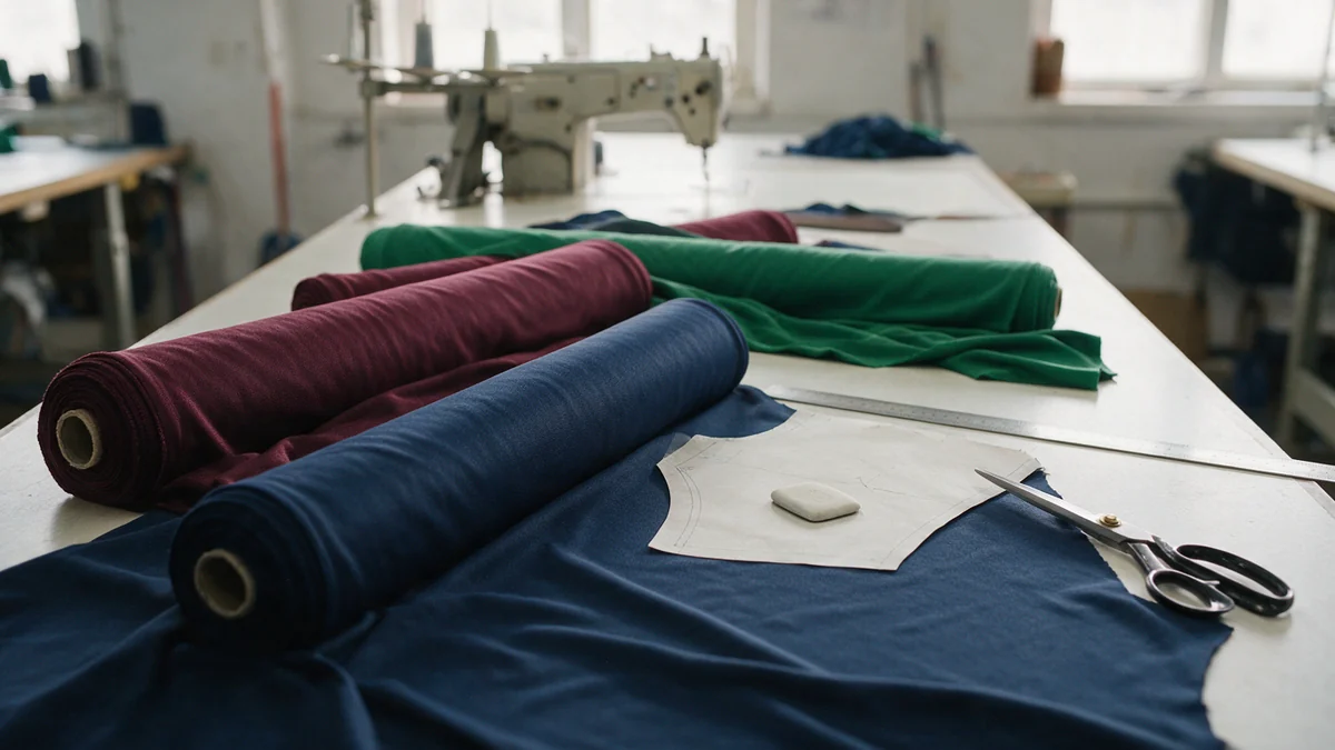 Rolls of knitted sports fabric in navy, maroon and green on a cutting table, with a paper pattern, tailor's chalk and shears.
