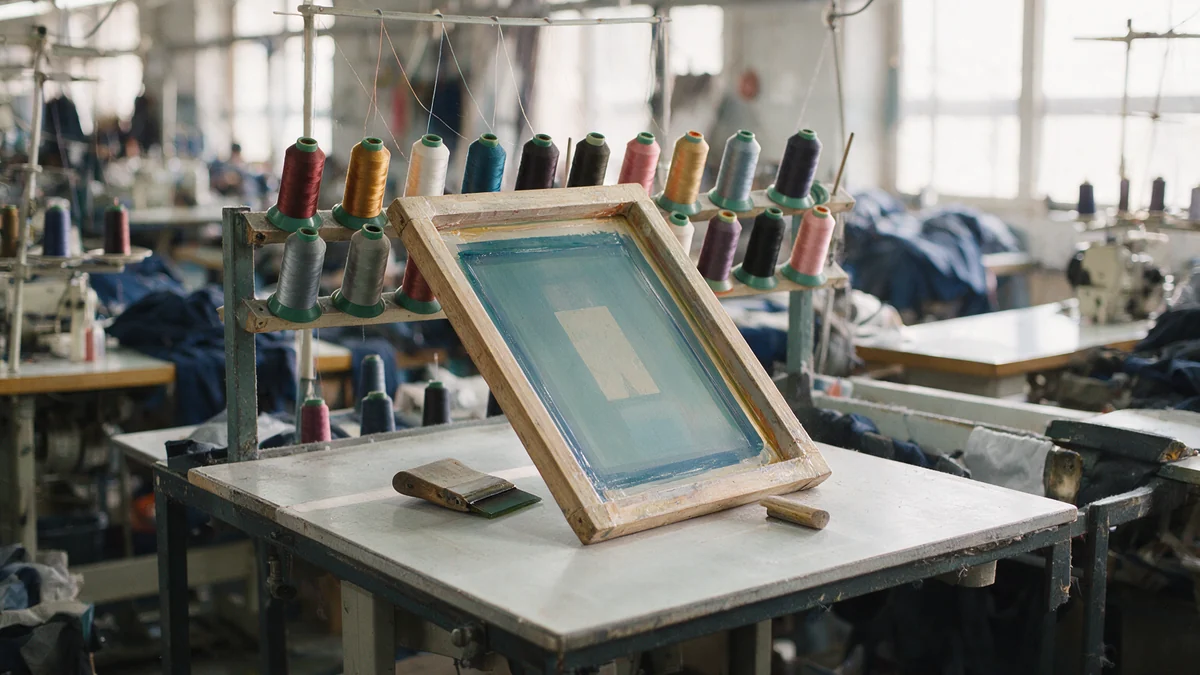 Silkscreen printing frame and a rack of embroidery thread cones on a garment factory workbench