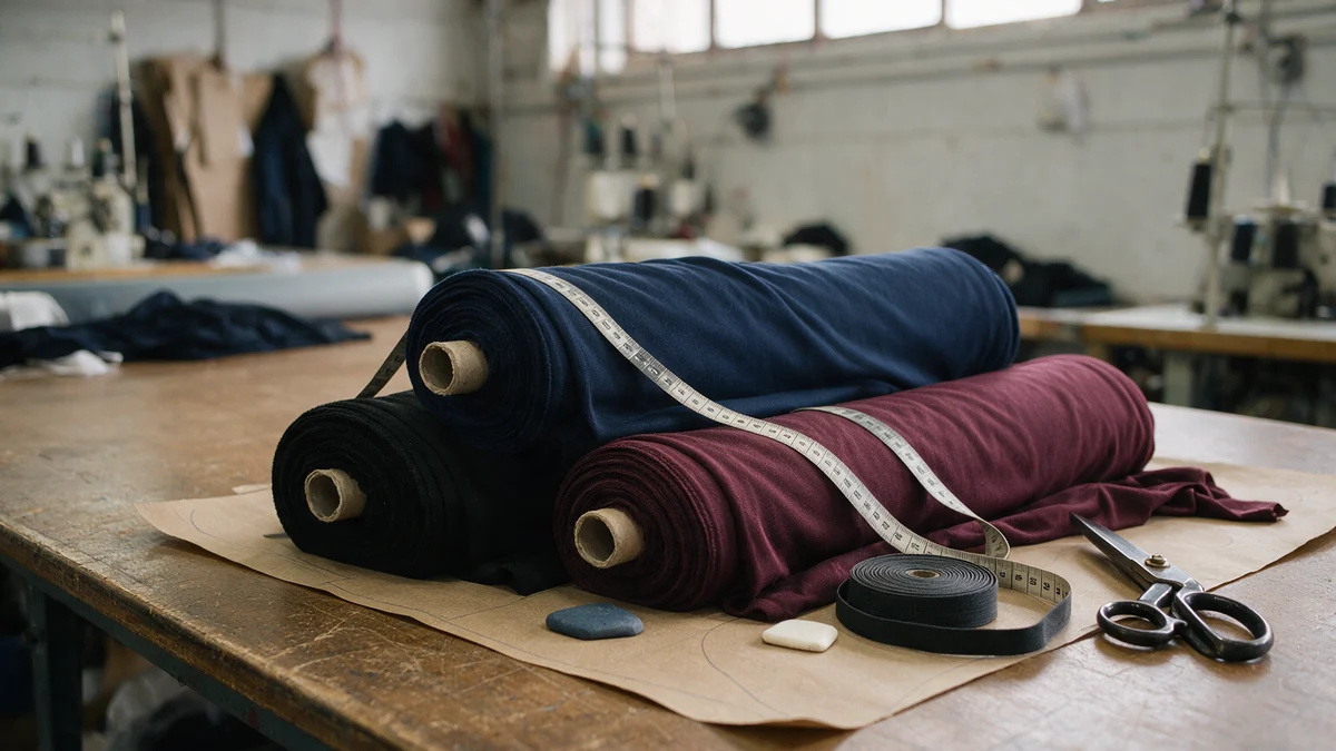School track bottom fabric: rolls of navy, black and maroon knitted polyester on a garment factory cutting table with a tape measure and elastic tape