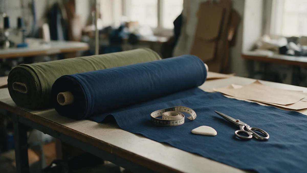 Rolls of plain navy blue and olive green cloth, the two national school trouser colours, on a workroom cutting table beside a measuring tape and shears.